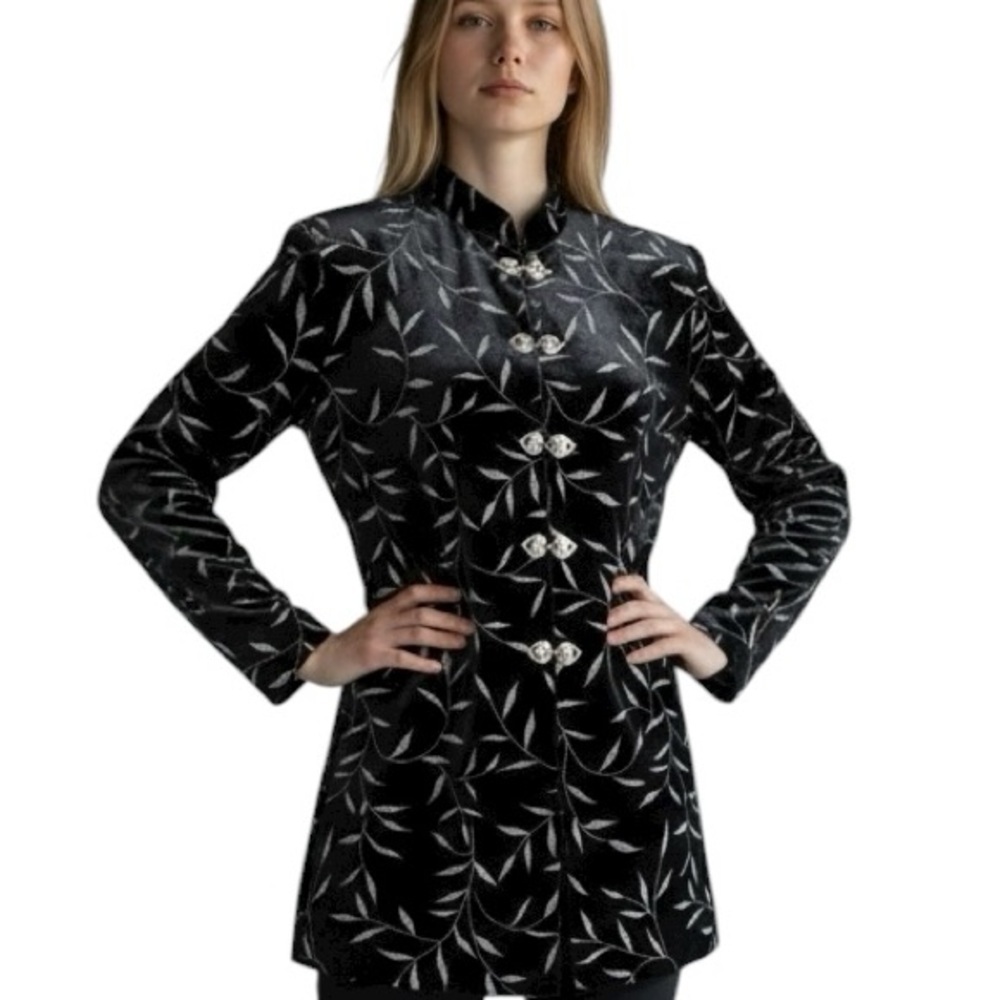 J.B.S. Black Velvet Mandarin Collar Embroidered Long Blazer